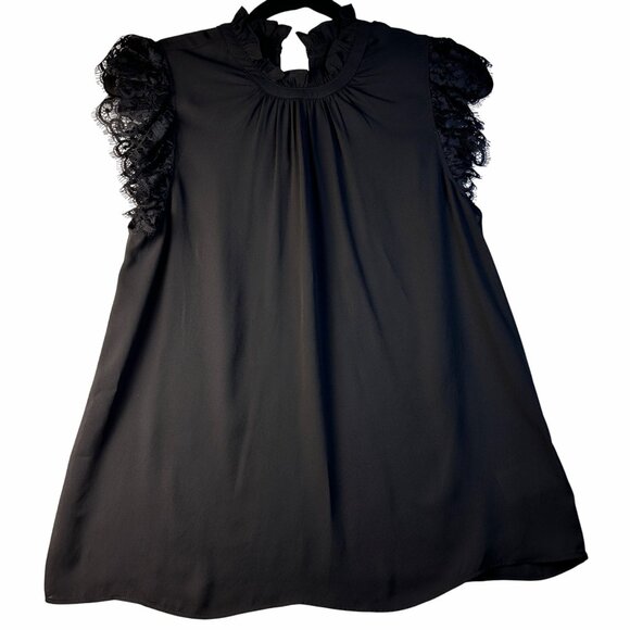 Express Feminine Victorian Ruffle Mock Neck Lace Cap Sleeve Blouse Black S NWT - Picture 2 of 13